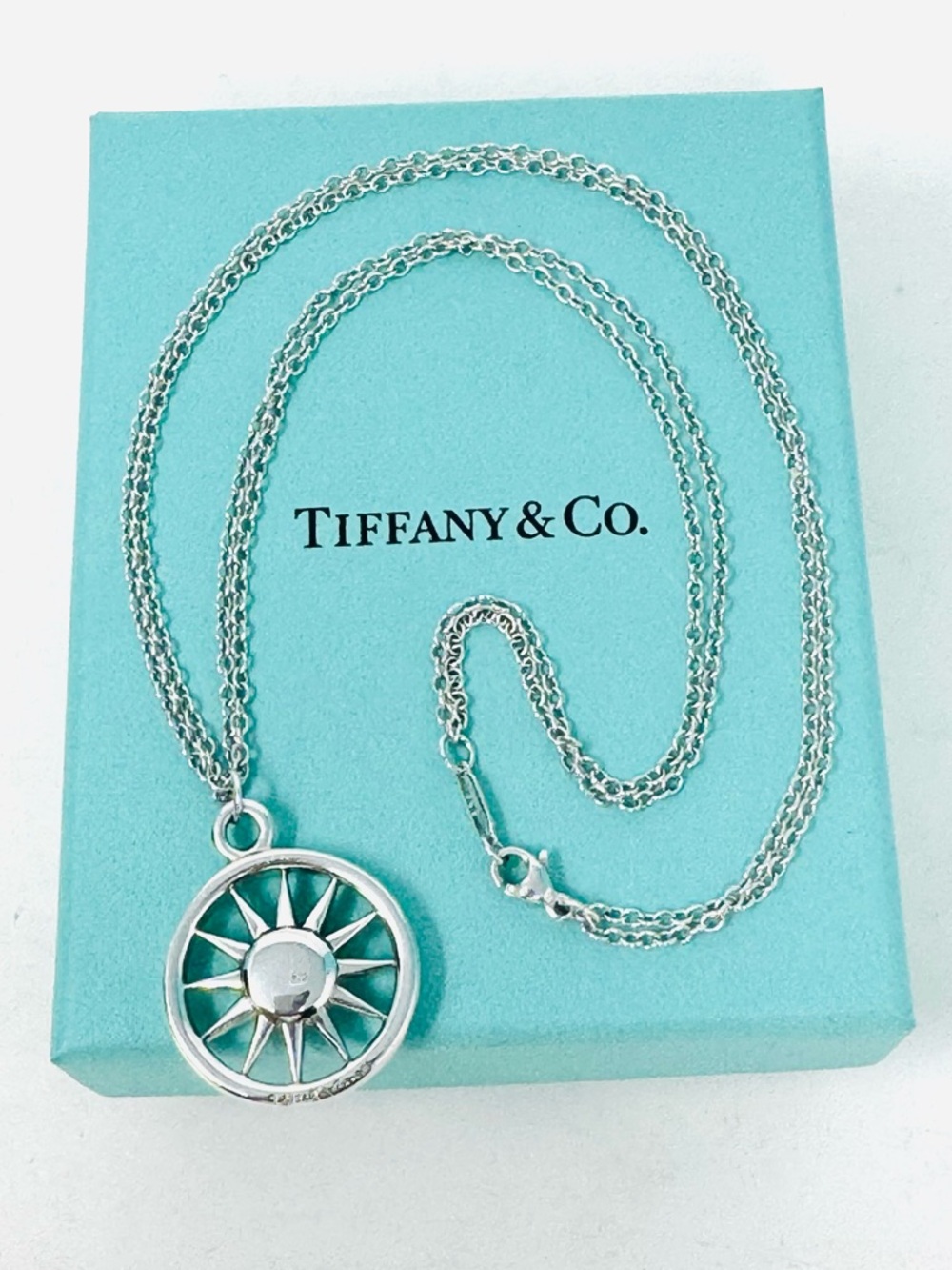 Authentic Tiffany & Co. Vintage Sun Sunburst Pendant Double Chain Necklace -